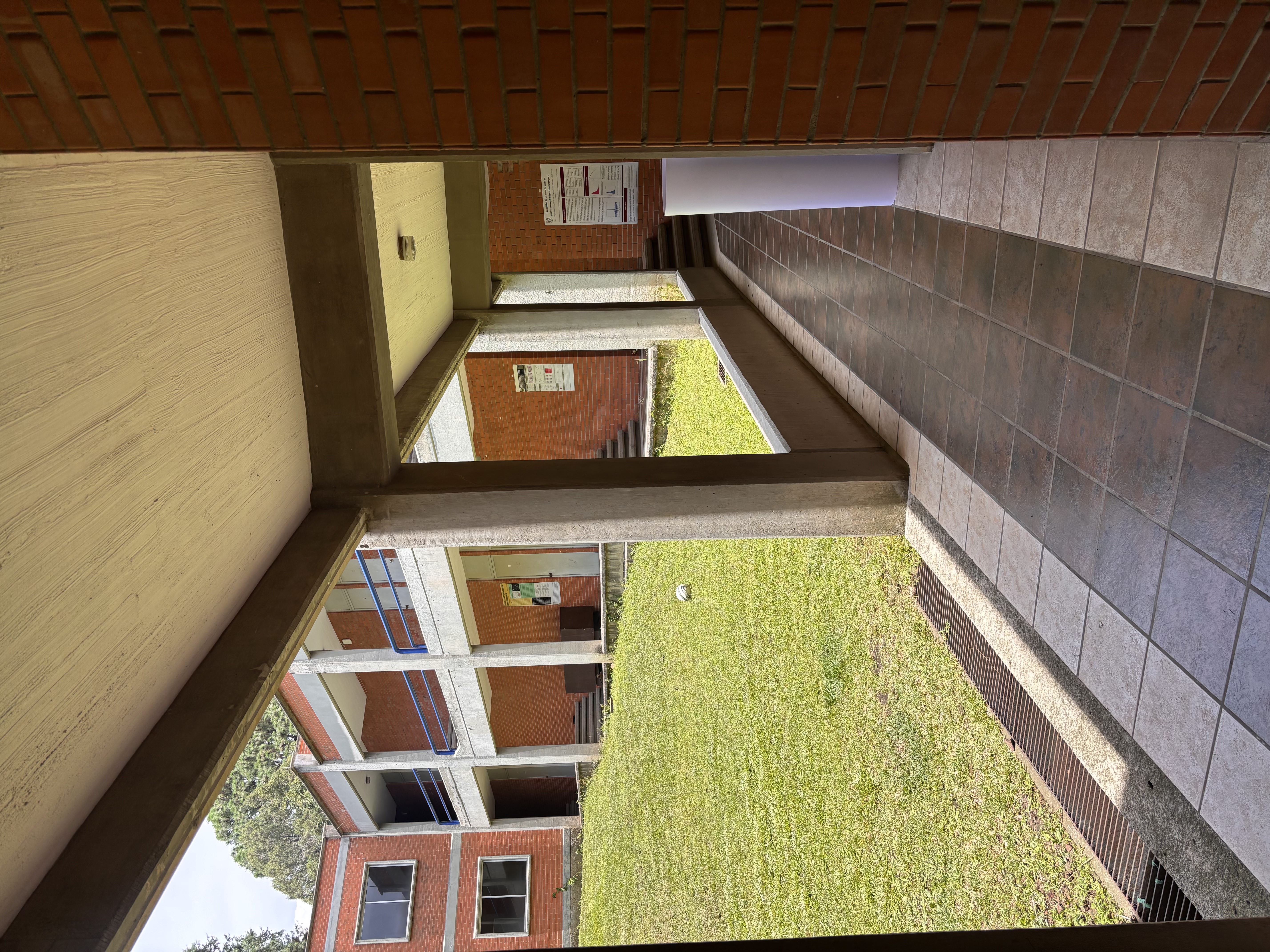 Corredor exterior del campus CIC con jardines y áreas comunes